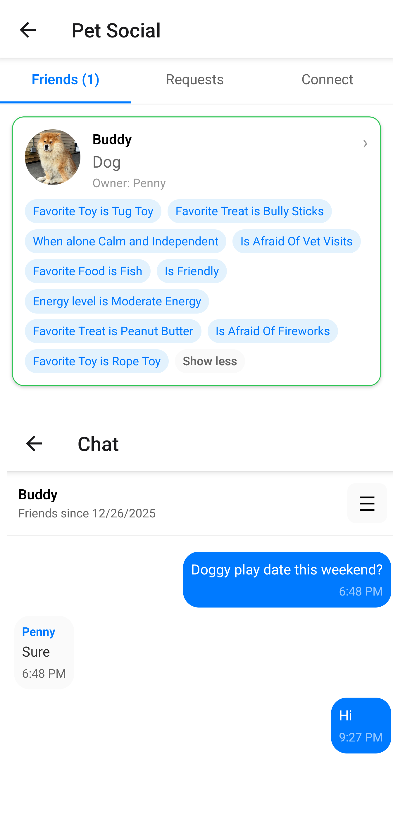 Pet social hub showing friend's pet attributes and in-app chat for scheduling playdates
